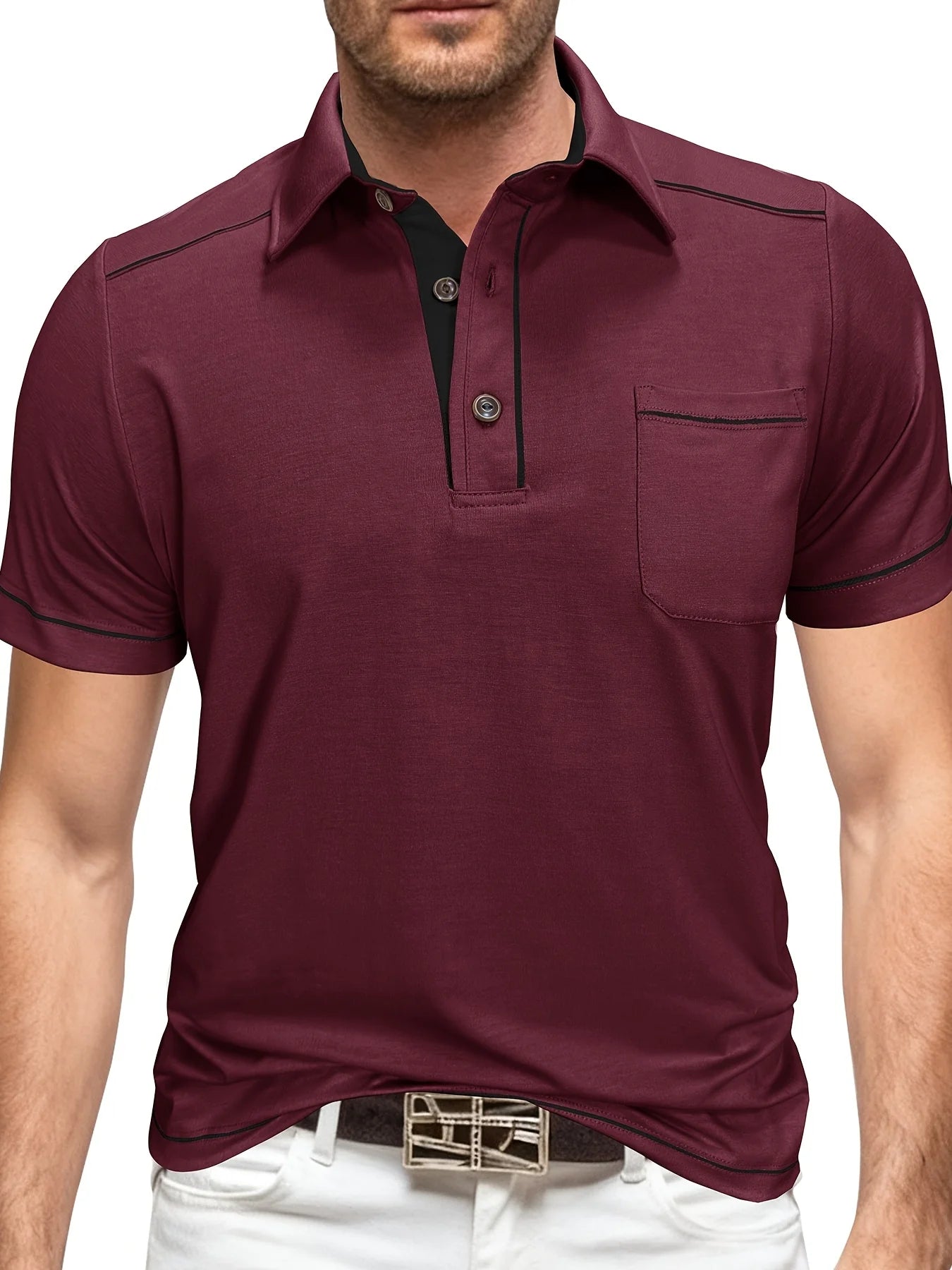 Summer Plus Size Men's Short-Sleeve Polo Shirt Casual Solid Color Collared Pullover Henley Shirt with Pockets