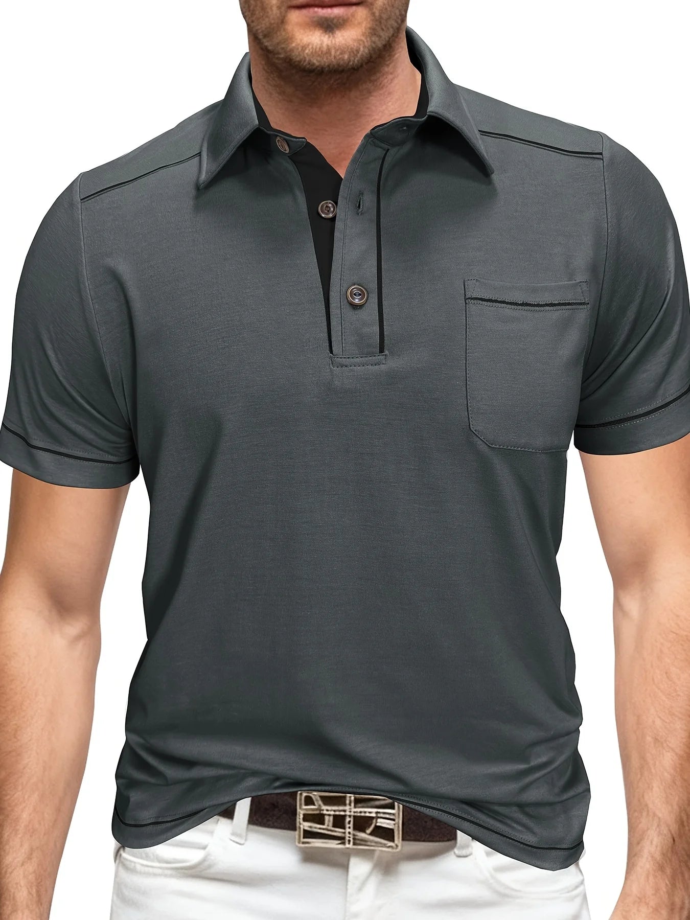 Summer Plus Size Men's Short-Sleeve Polo Shirt Casual Solid Color Collared Pullover Henley Shirt with Pockets