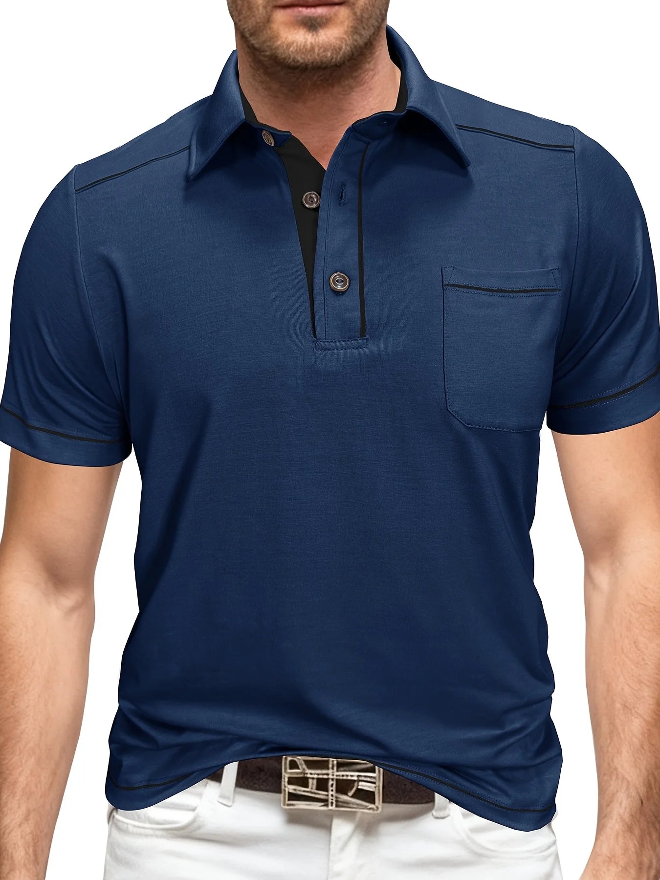 Summer Plus Size Men's Short-Sleeve Polo Shirt Casual Solid Color Collared Pullover Henley Shirt with Pockets