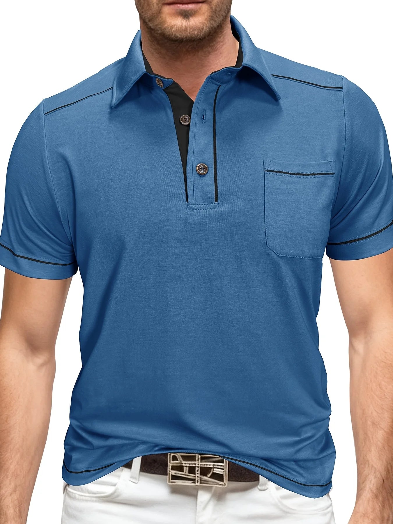 Summer Plus Size Men's Short-Sleeve Polo Shirt Casual Solid Color Collared Pullover Henley Shirt with Pockets