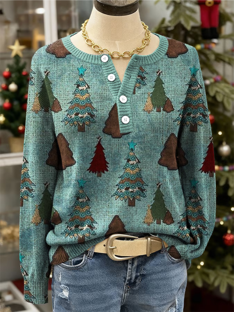 Elena - kersttrui met kerstbomenprint