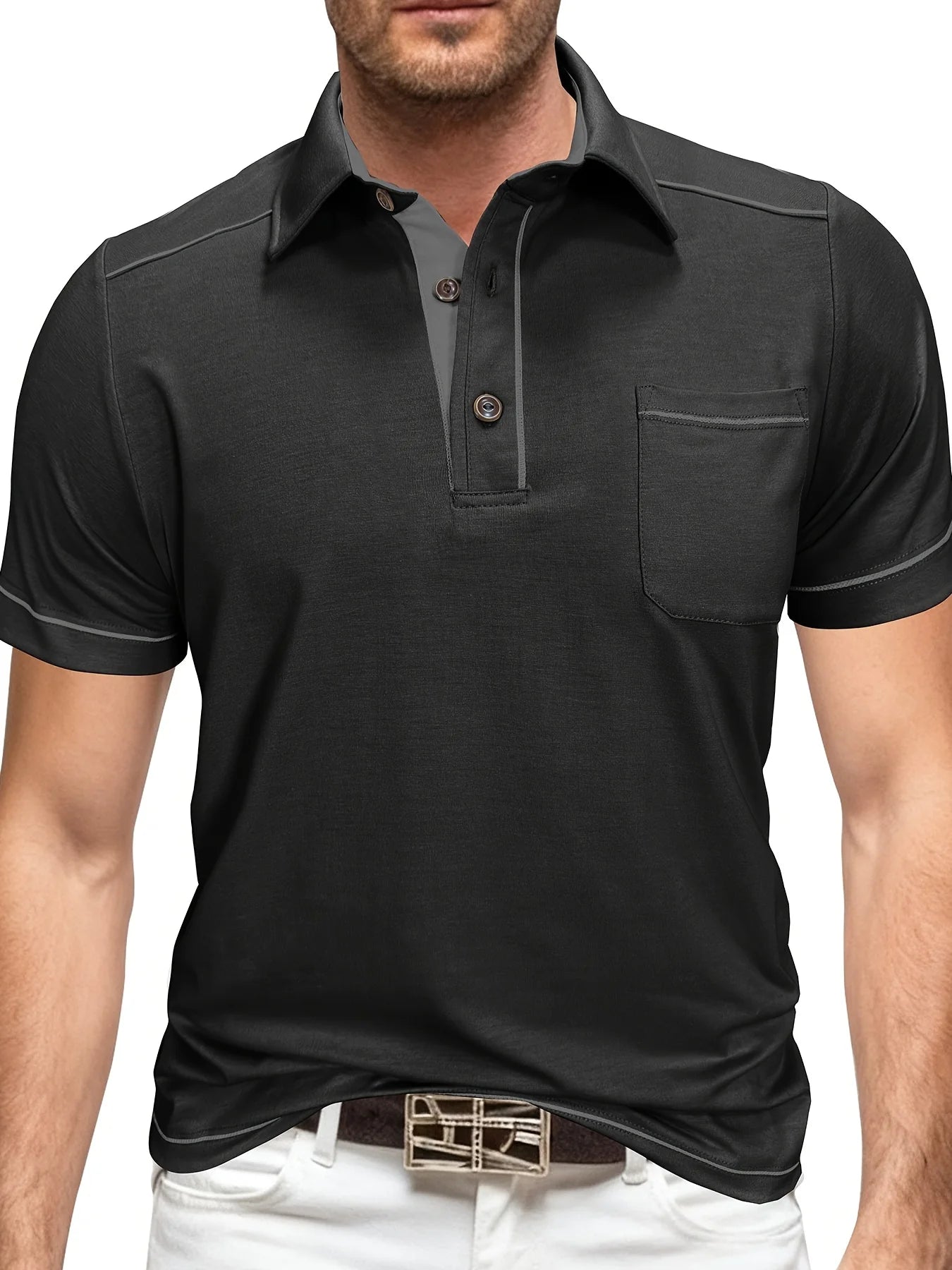 Summer Plus Size Men's Short-Sleeve Polo Shirt Casual Solid Color Collared Pullover Henley Shirt with Pockets