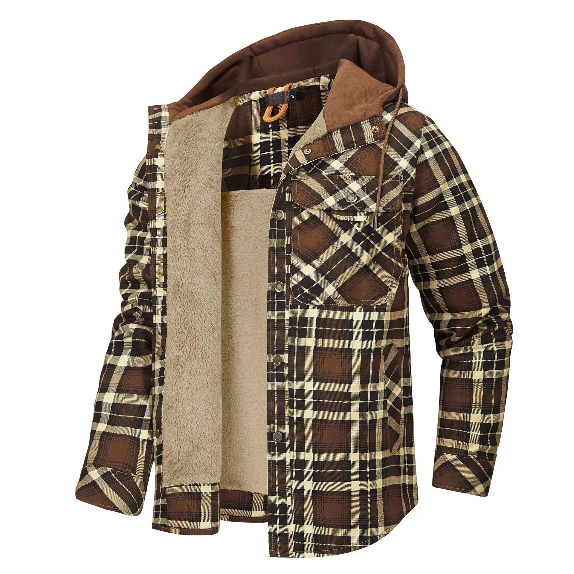 Thickened Fleece Long Sleeve Plaid Hooded Shirt for Men Winter Casual Cotton Jacket Large Size Cross-Border Men's Clothing