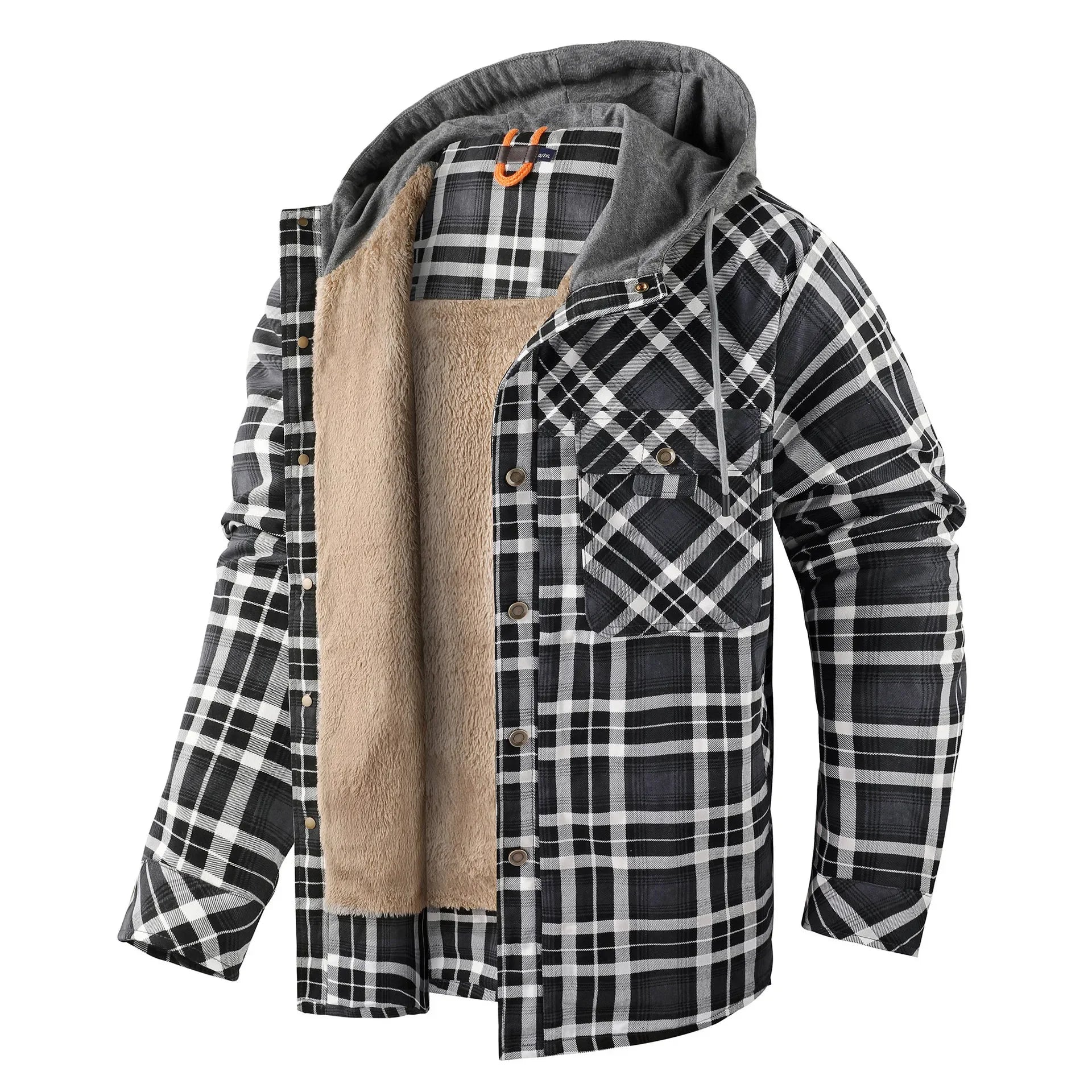 Thickened Fleece Long Sleeve Plaid Hooded Shirt for Men Winter Casual Cotton Jacket Large Size Cross-Border Men's Clothing